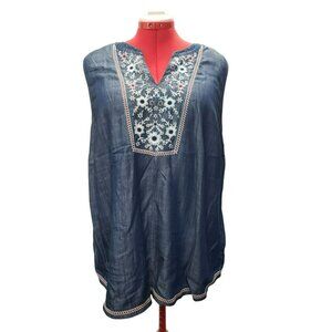 J Jill Denim Sleeveless Tunic Top XL Blue Embroidered Floral Design 100% Lyocell